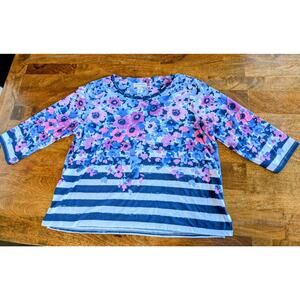 Alfred Dunner Women's Size 1x Plus Flowers Knit Blue Striped T Shirt Top EUC